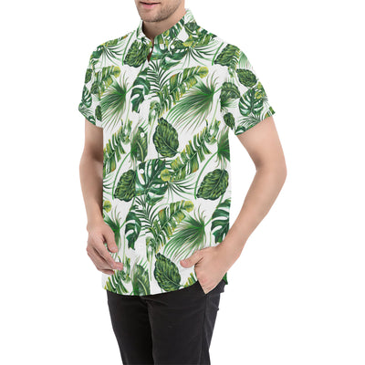 Green Pattern Tropical Palm Leaves Men's Short Sleeve Button Up Shirt