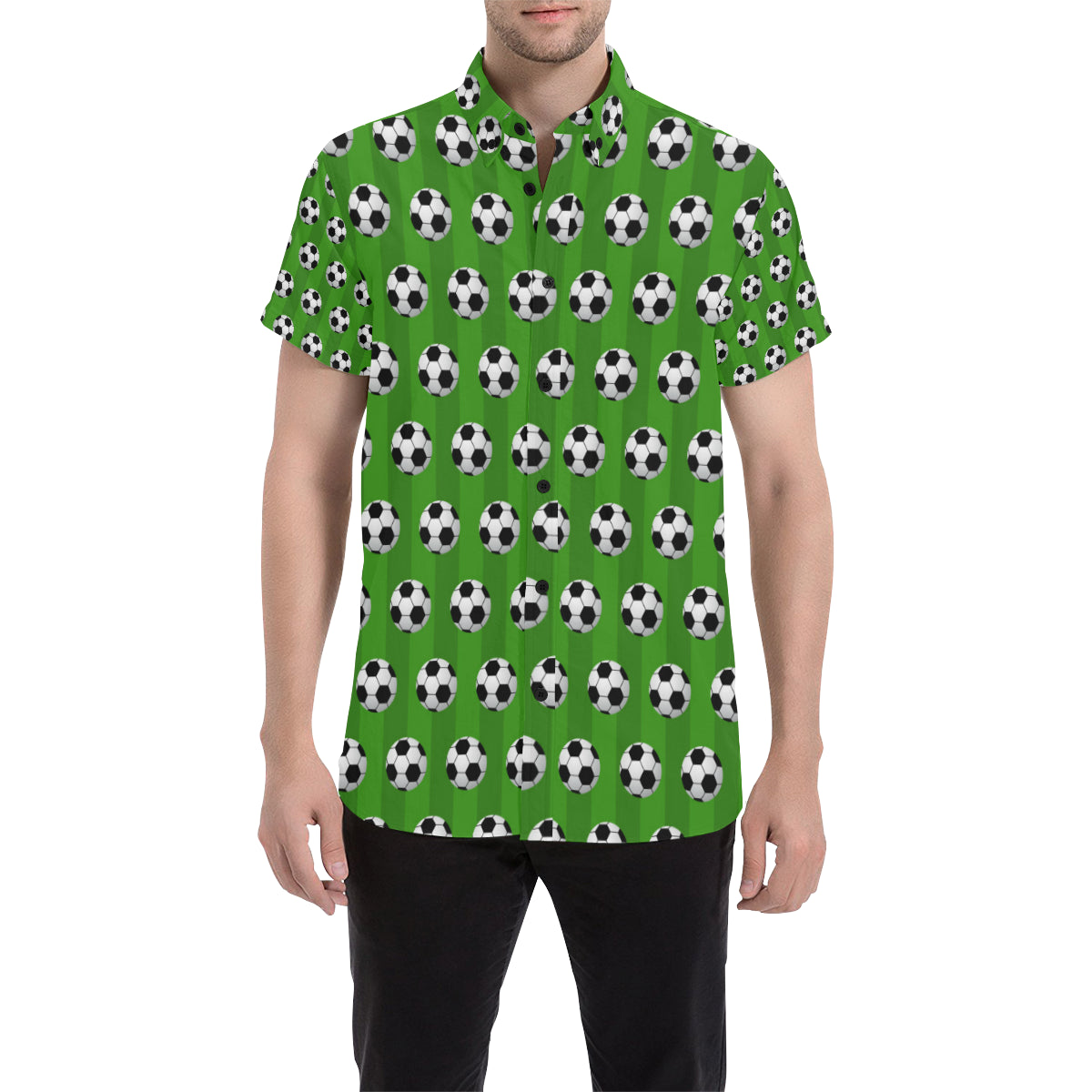 Soccer Ball Green Backgrpund Print Men's Short Sleeve Button Up Shirt