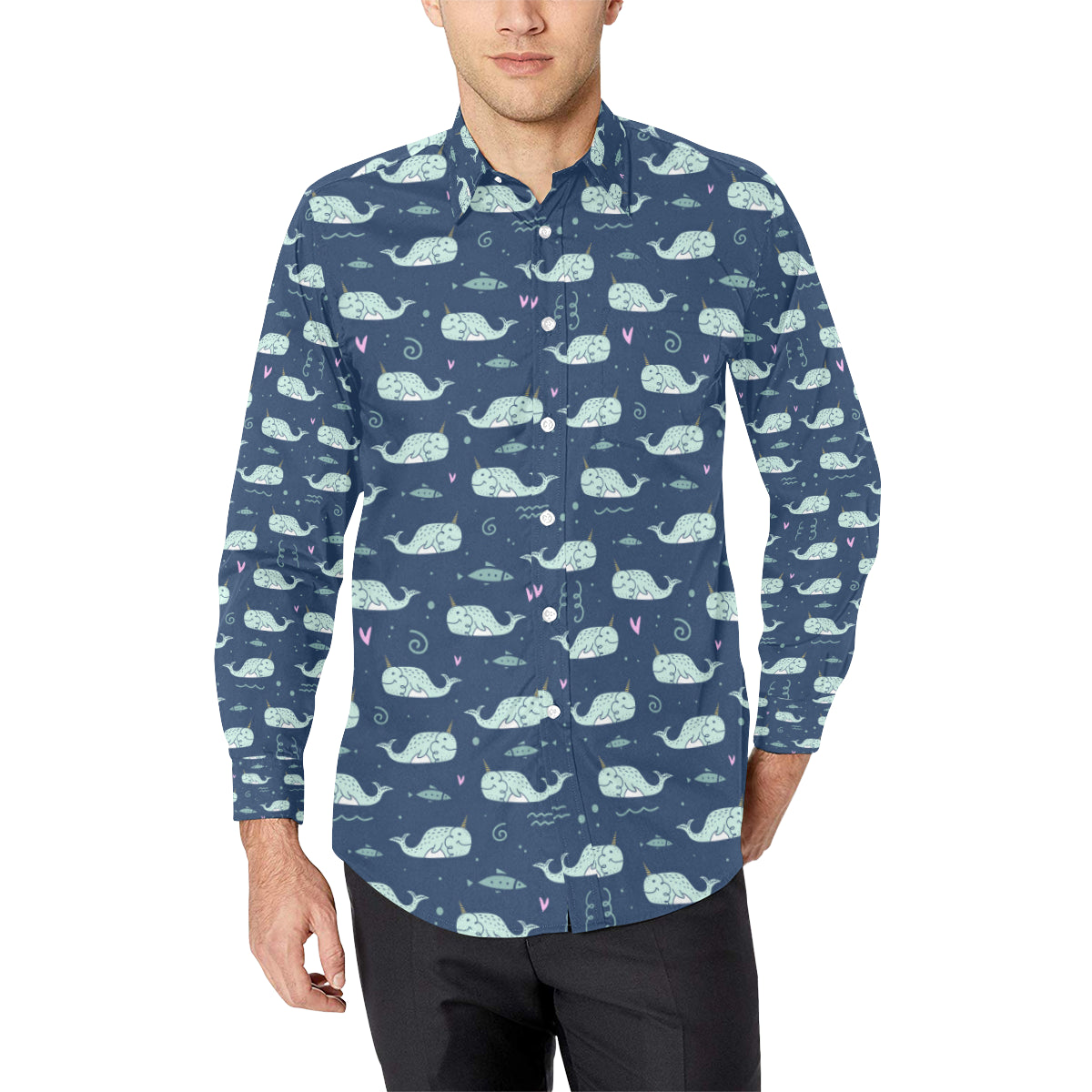 Narwhal Design Print Men's Long Sleeve Shirt