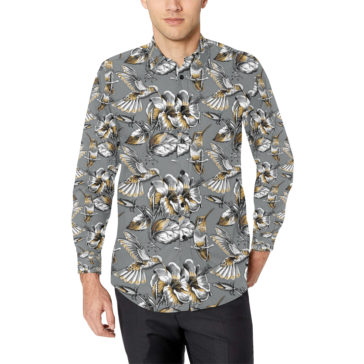 Hummingbird Pattern Print Design 02 Men's Long Sleeve Shirt