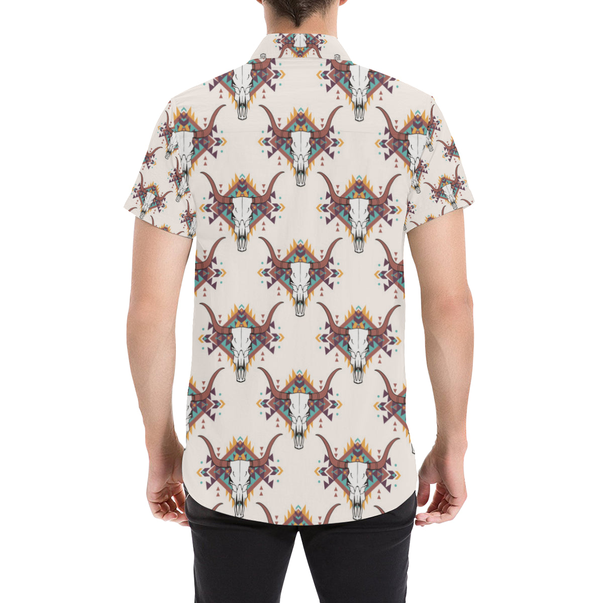 Buffalo Head Pattern Print Design 02 Men's Short Sleeve Button Up Shirt