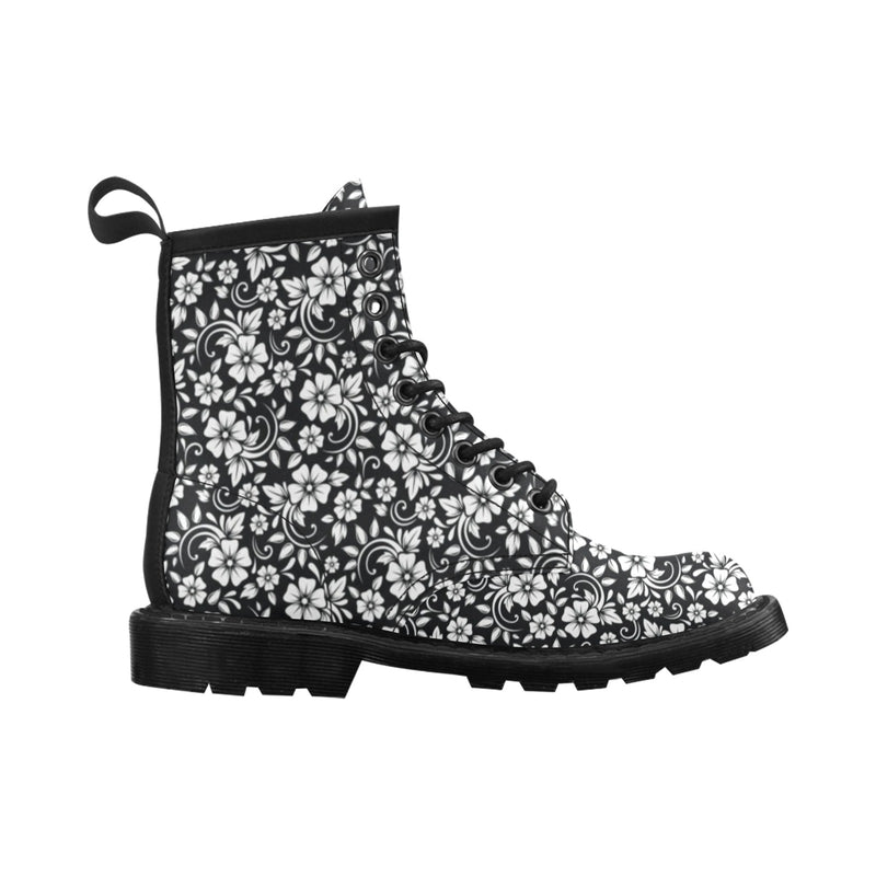 Floral Black White Themed Print Women's Boots