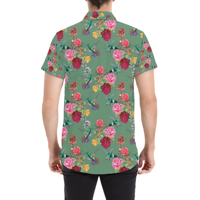 Hummingbird with Rose Themed Print Men's Short Sleeve Button Up Shirt