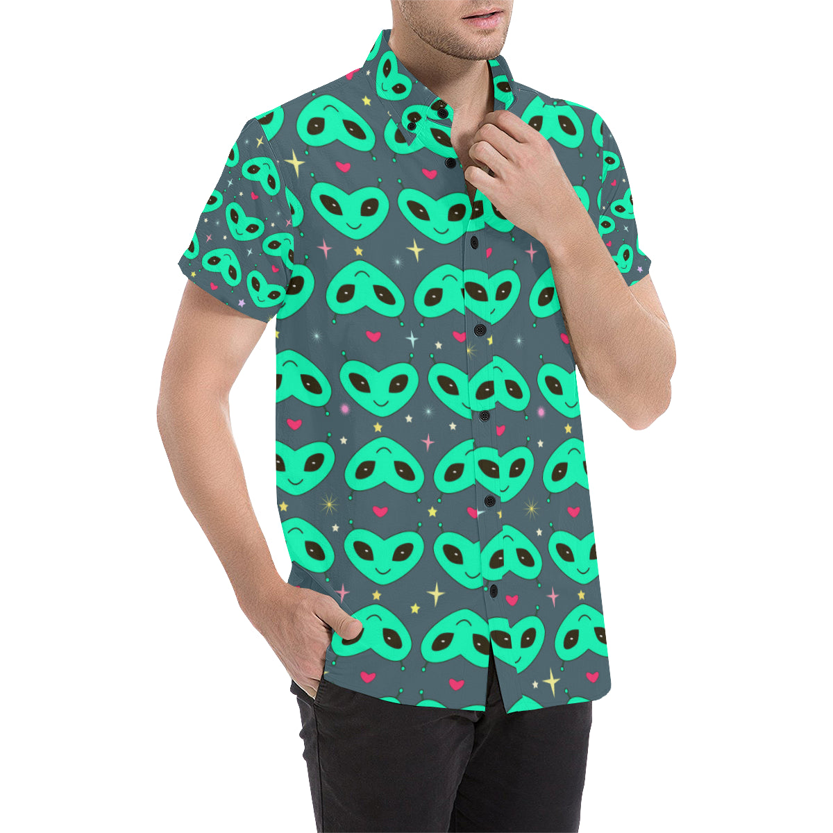 Alien Head Heart Pattern Print Design 03 Men's Short Sleeve Button Up Shirt