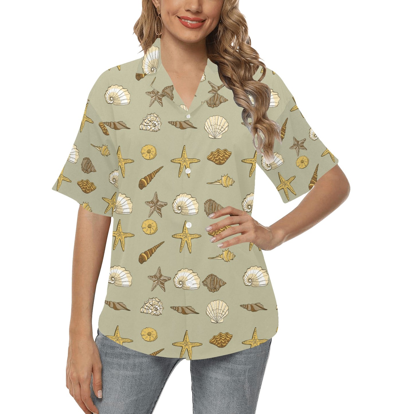 Seashell Beach Print Design LKS303 Women's Hawaiian Shirt