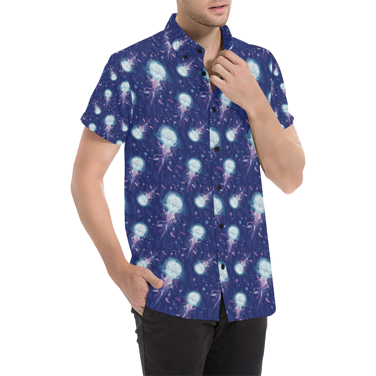 Jellyfish Cute Design Men's Short Sleeve Button Up Shirt
