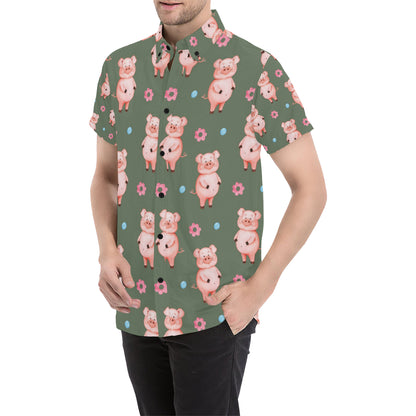 Pig Pattern Print Design 03 Men's Short Sleeve Button Up Shirt