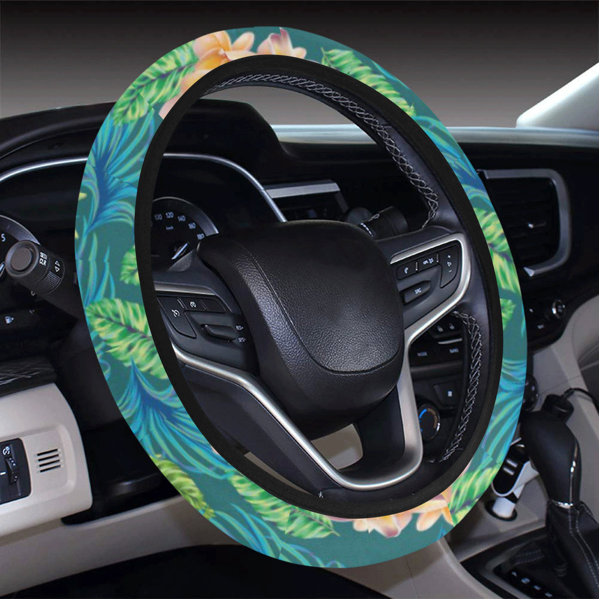 Plumeria Tropical Flower Design Print Steering Wheel Cover with Elastic Edge