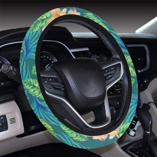 Plumeria Tropical Flower Design Print Steering Wheel Cover with Elastic Edge
