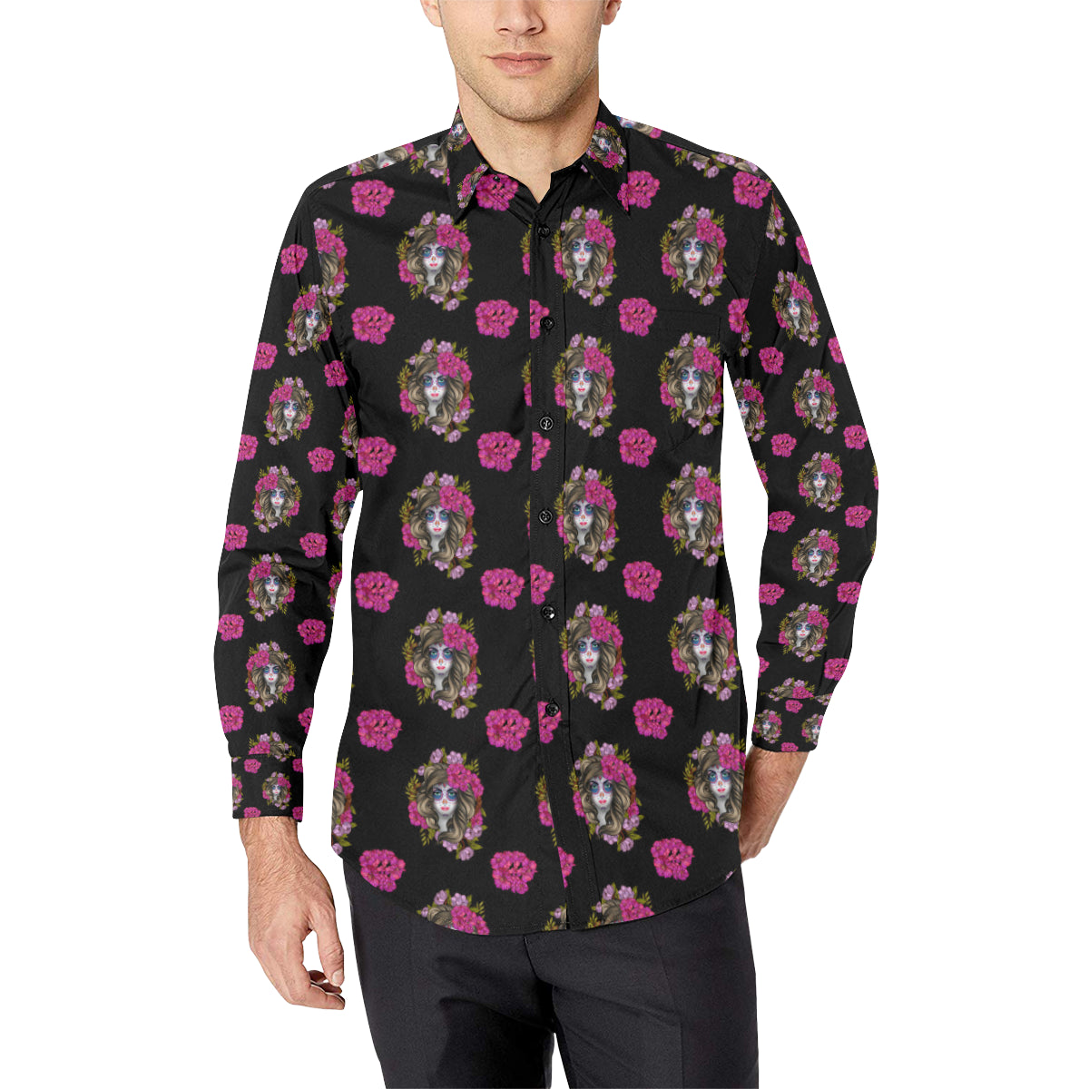 Day of the Dead Makeup Girl Men's Long Sleeve Shirt