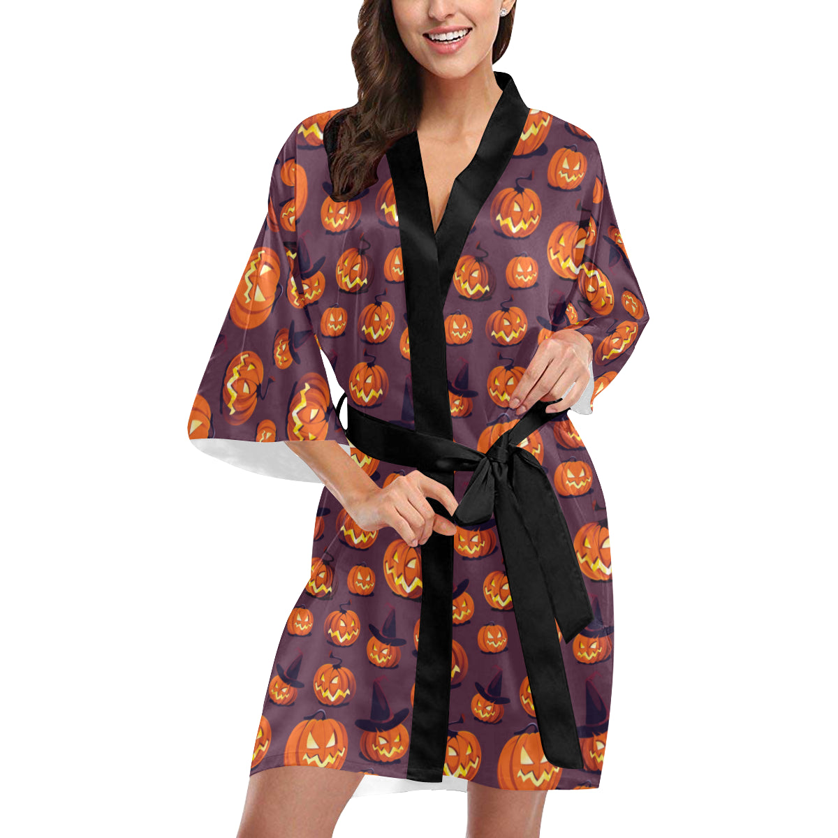 Halloween Pumpkin Pattern Print Design 03 Women's Short Kimono