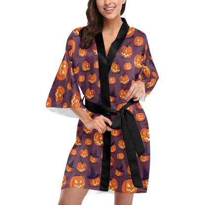 Halloween Pumpkin Pattern Print Design 03 Women's Short Kimono