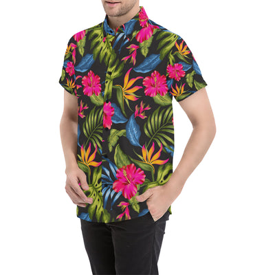 Bird Of Paradise Pattern Print Design BOP014 Men's Short Sleeve Button Up Shirt