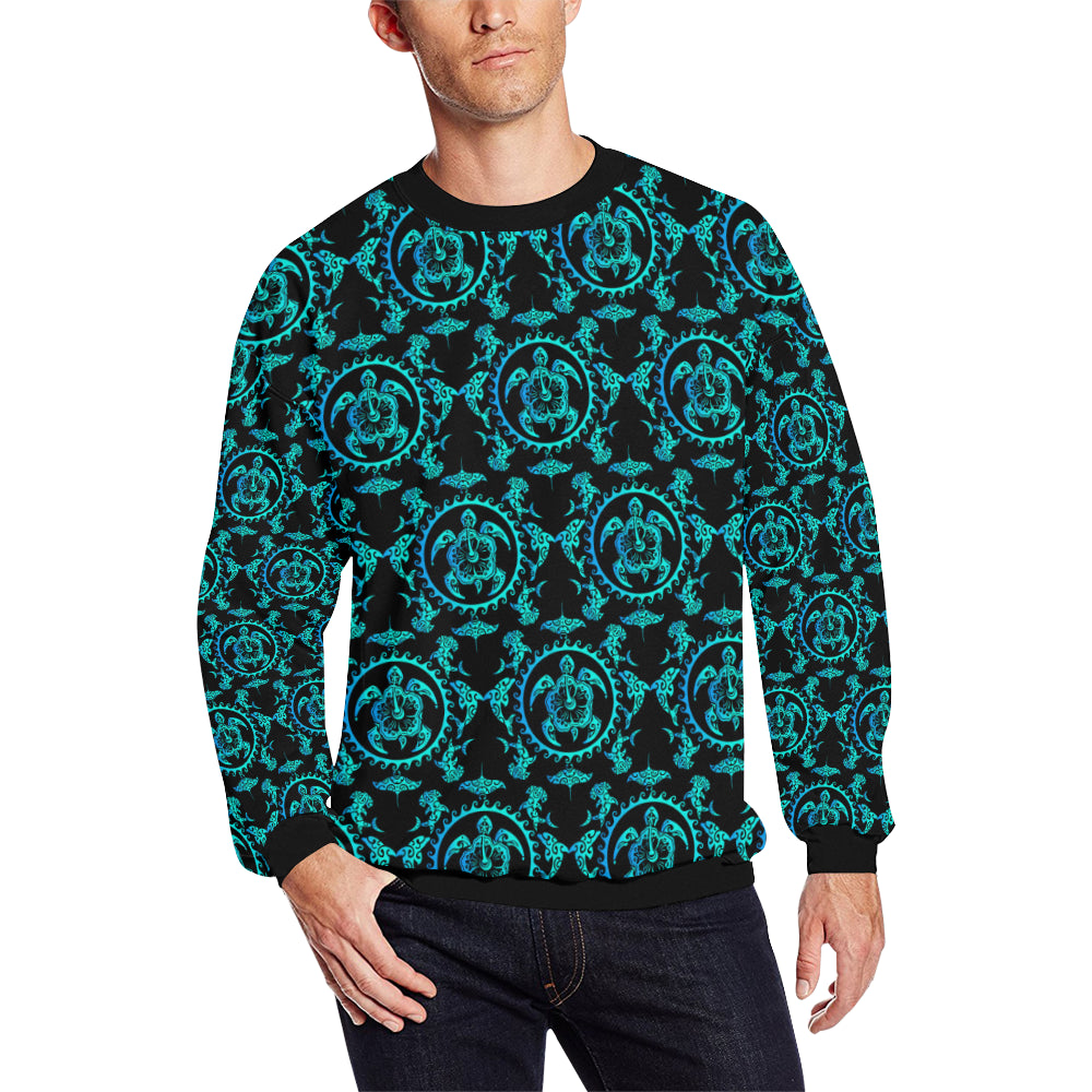 turquoise Tribal Sea Turtle Hawaiian Men Long Sleeve Sweatshirt