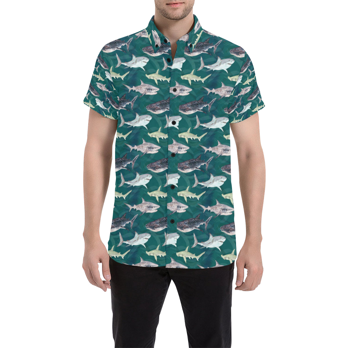 Shark Style Print Men's Short Sleeve Button Up Shirt