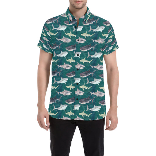 Shark Style Print Men's Short Sleeve Button Up Shirt