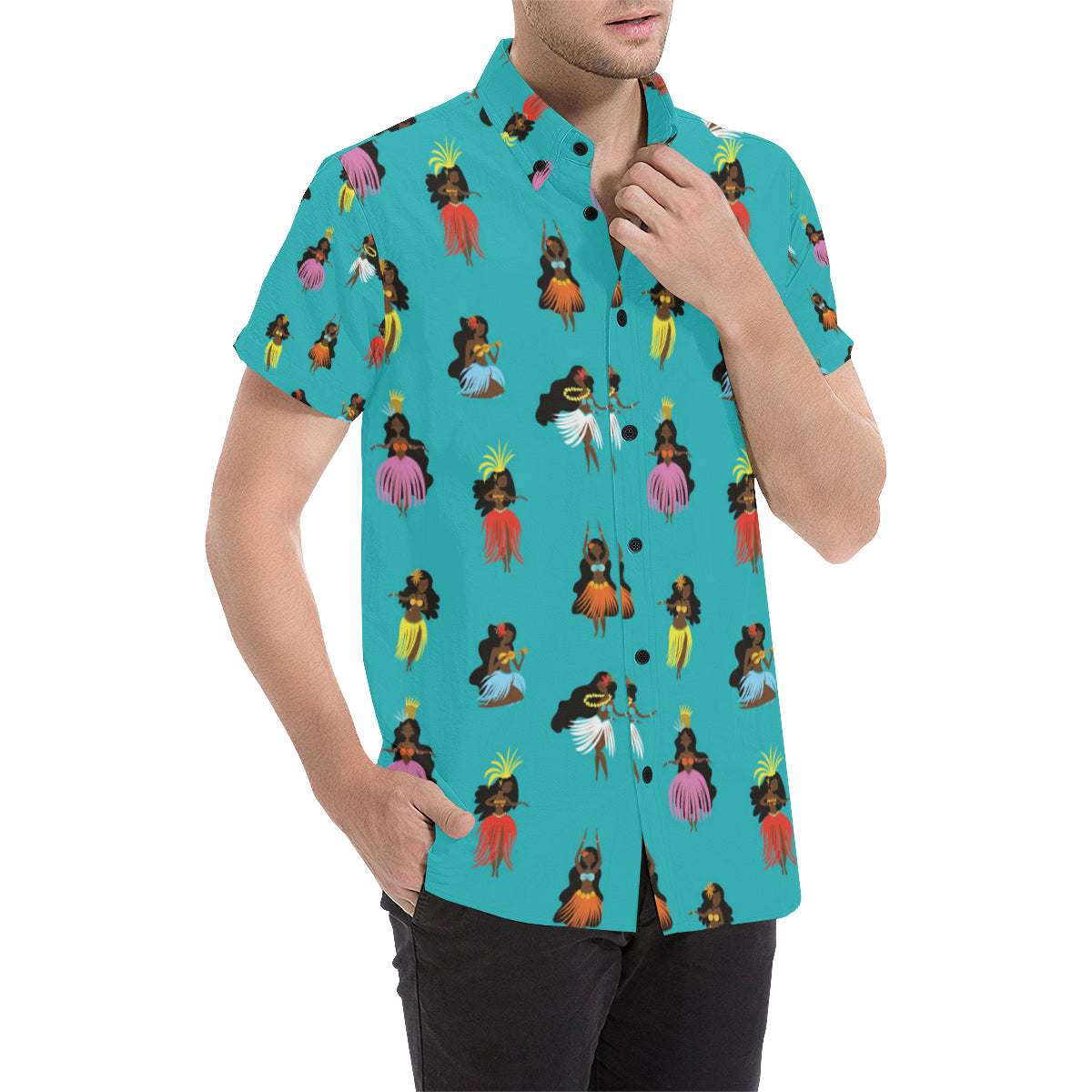 Hula Dancers Pattern Print Design 04 Men's Short Sleeve Button Up Shirt