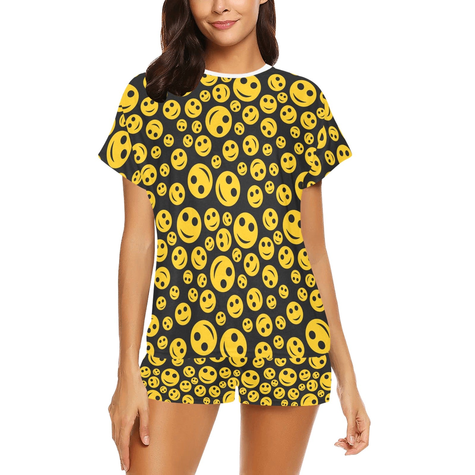 Smiley Face Emoji Print Design LKS304 Women's Short Pajama Set