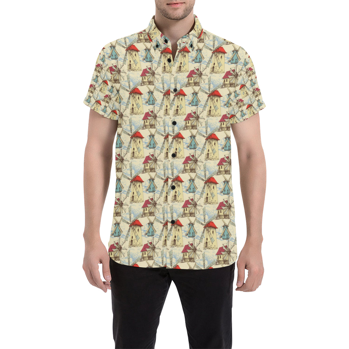 Windmill Pattern Print Design 01 Men's Short Sleeve Button Up Shirt