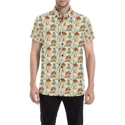 Windmill Pattern Print Design 01 Men's Short Sleeve Button Up Shirt