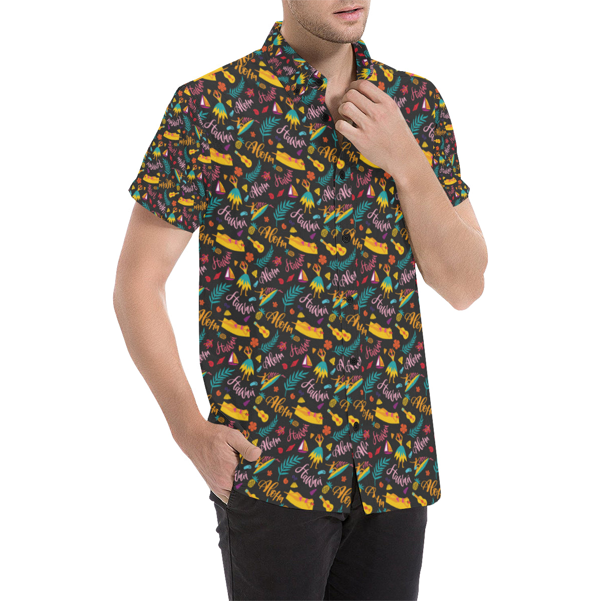 Aloha Hawaii Summer Design Themed Print Men's Short Sleeve Button Up Shirt