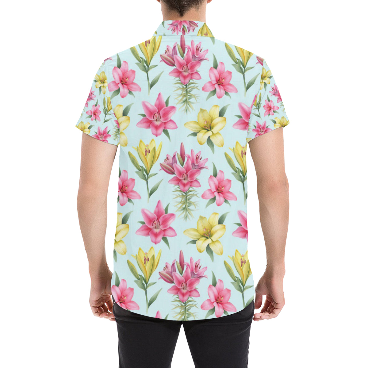 Lily Pattern Print Design LY010 Men's Short Sleeve Button Up Shirt