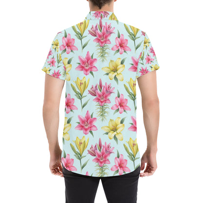 Lily Pattern Print Design LY010 Men's Short Sleeve Button Up Shirt