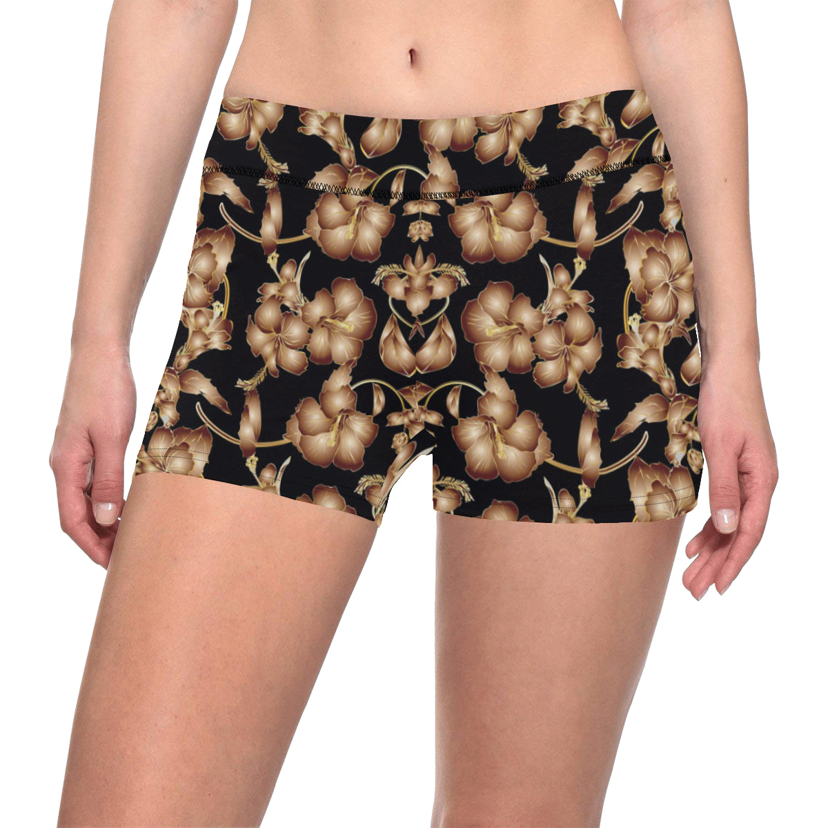 Brown Hibiscus Pattern Print Design HB06 Yoga Shorts