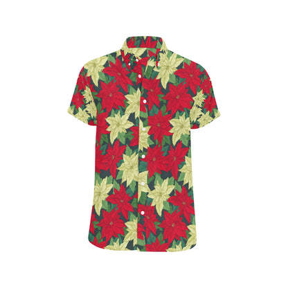 Poinsettia Pattern Print Design POT06 Men's Short Sleeve Button Up Shirt