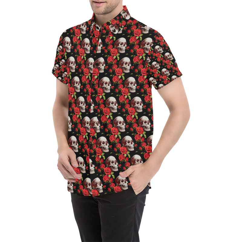 Red Rose Skull Design Print Men's Short Sleeve Button Up Shirt