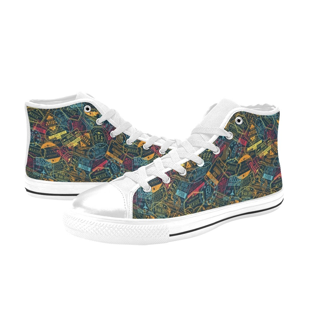 Travel Stamp Colorful Print Design LKS304 High Top Women's White Shoes