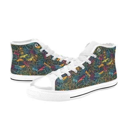 Travel Stamp Colorful Print Design LKS304 High Top Women's White Shoes