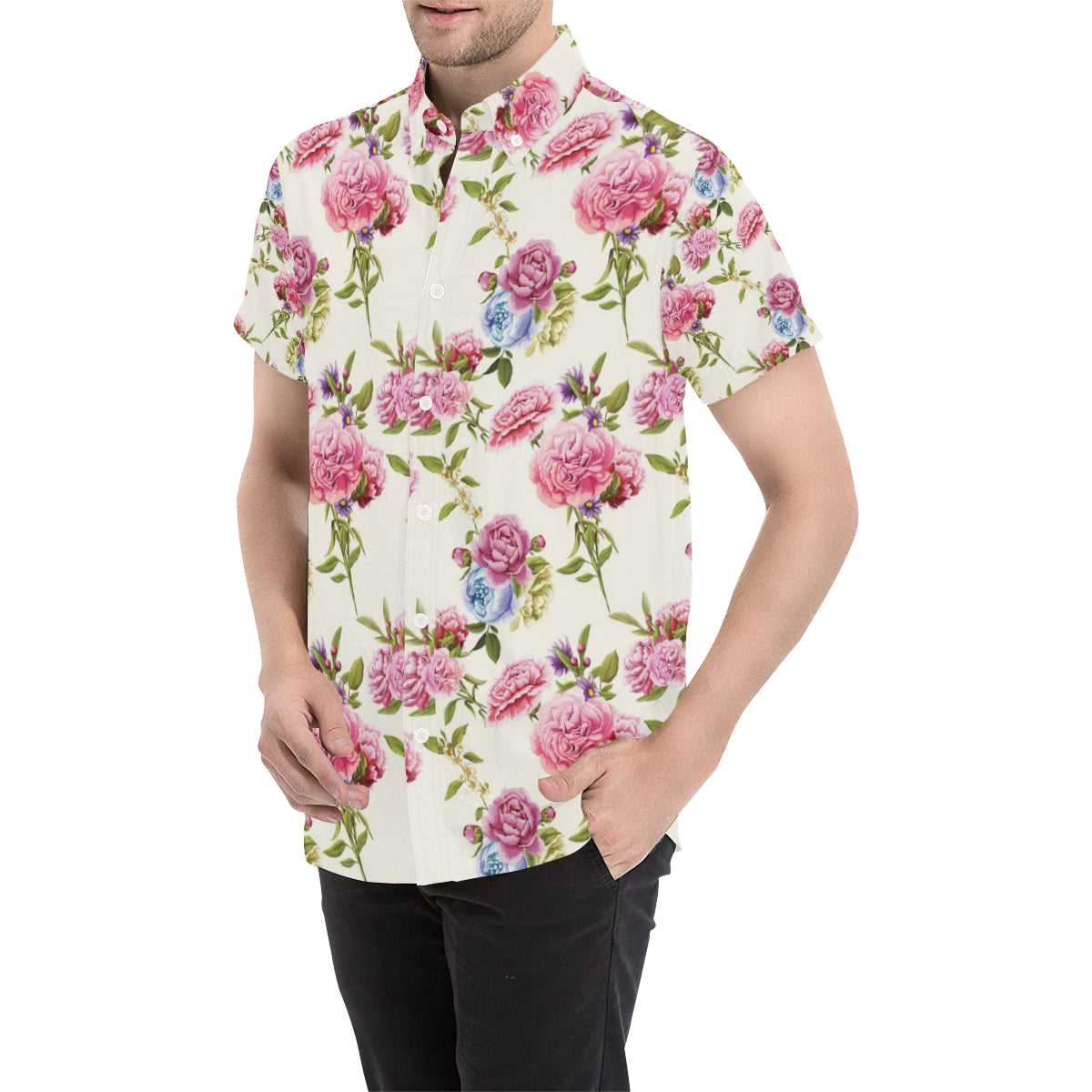 Carnations Pattern Print Design CN02 Men's Short Sleeve Button Up Shirt