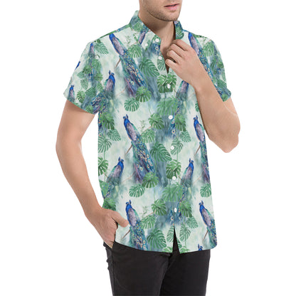 Peacock Pattern Print Design A02 Men's Short Sleeve Button Up Shirt
