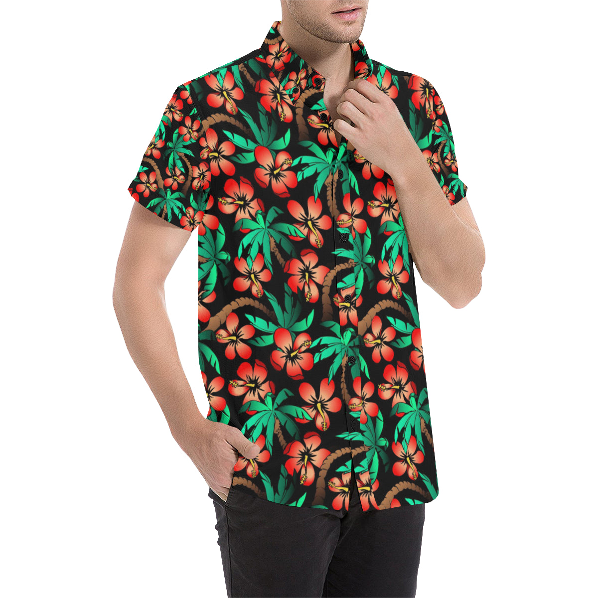 Hawaiian Themed Pattern Print Design H022 Men's Short Sleeve Button Up Shirt