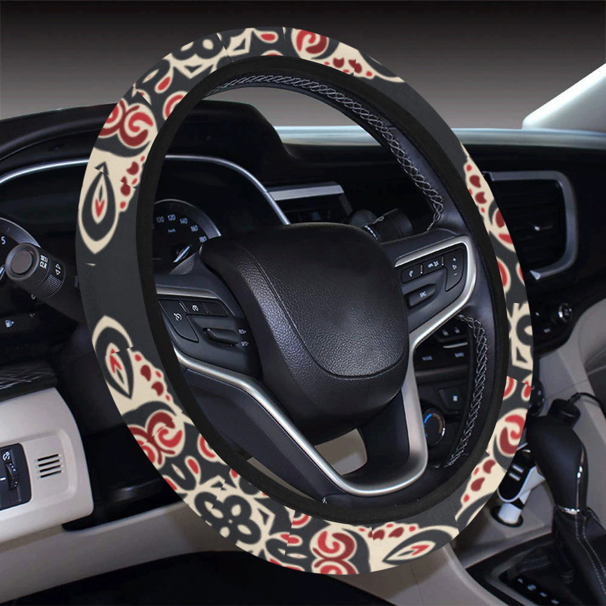 Medallion Pattern Print Design 01 Steering Wheel Cover with Elastic Edge