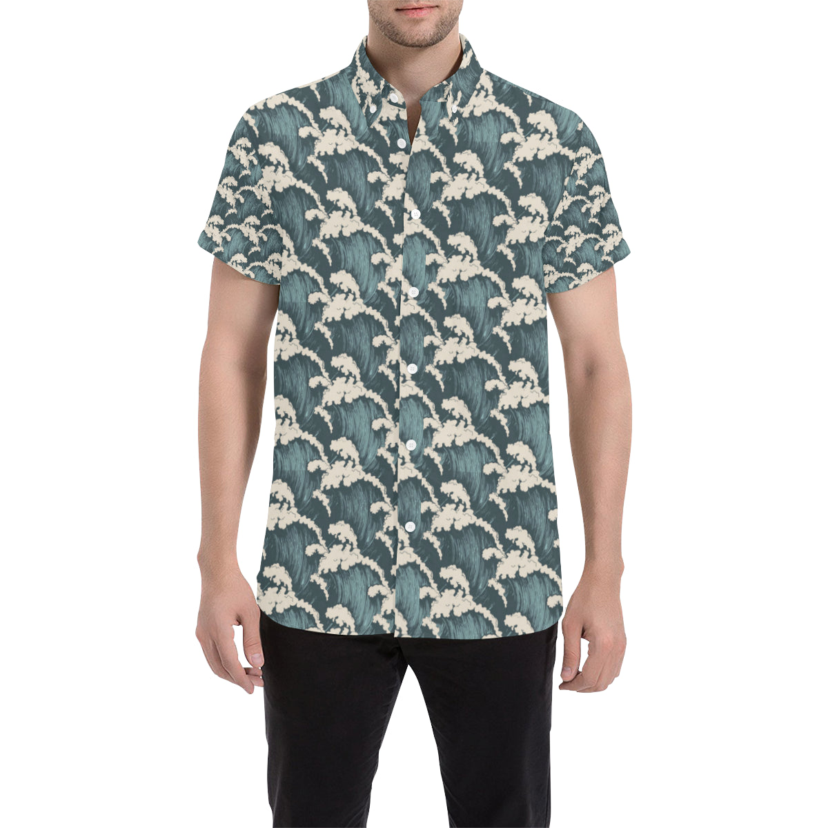 Wave Art Print Men's Short Sleeve Button Up Shirt