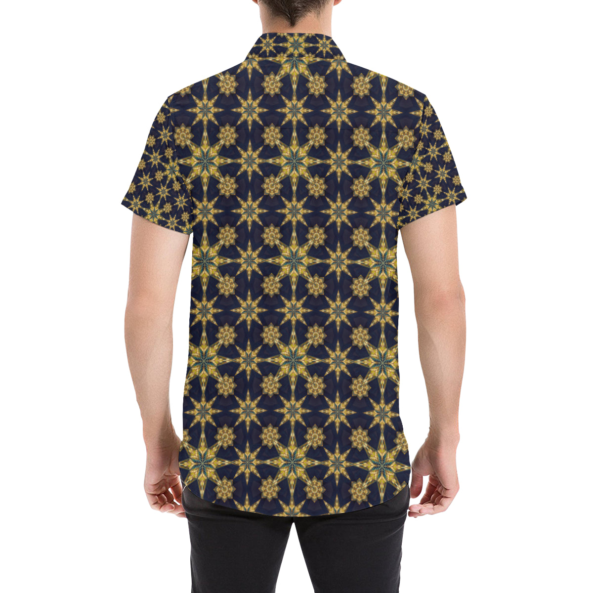 kaleidoscope Gold Print Design Men's Short Sleeve Button Up Shirt