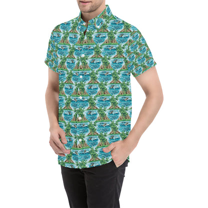 Palm Tree Hawaiian Themed Design Print Men's Short Sleeve Button Up Shirt