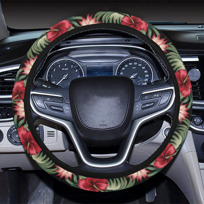 Flower Hawaiian Red Hibiscus Design Print Steering Wheel Cover with Elastic Edge