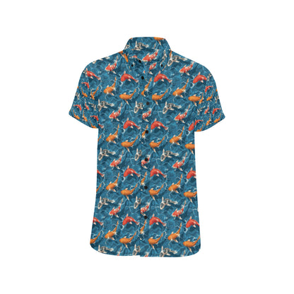 Koi Carp Water Design Themed Print Men's Short Sleeve Button Up Shirt