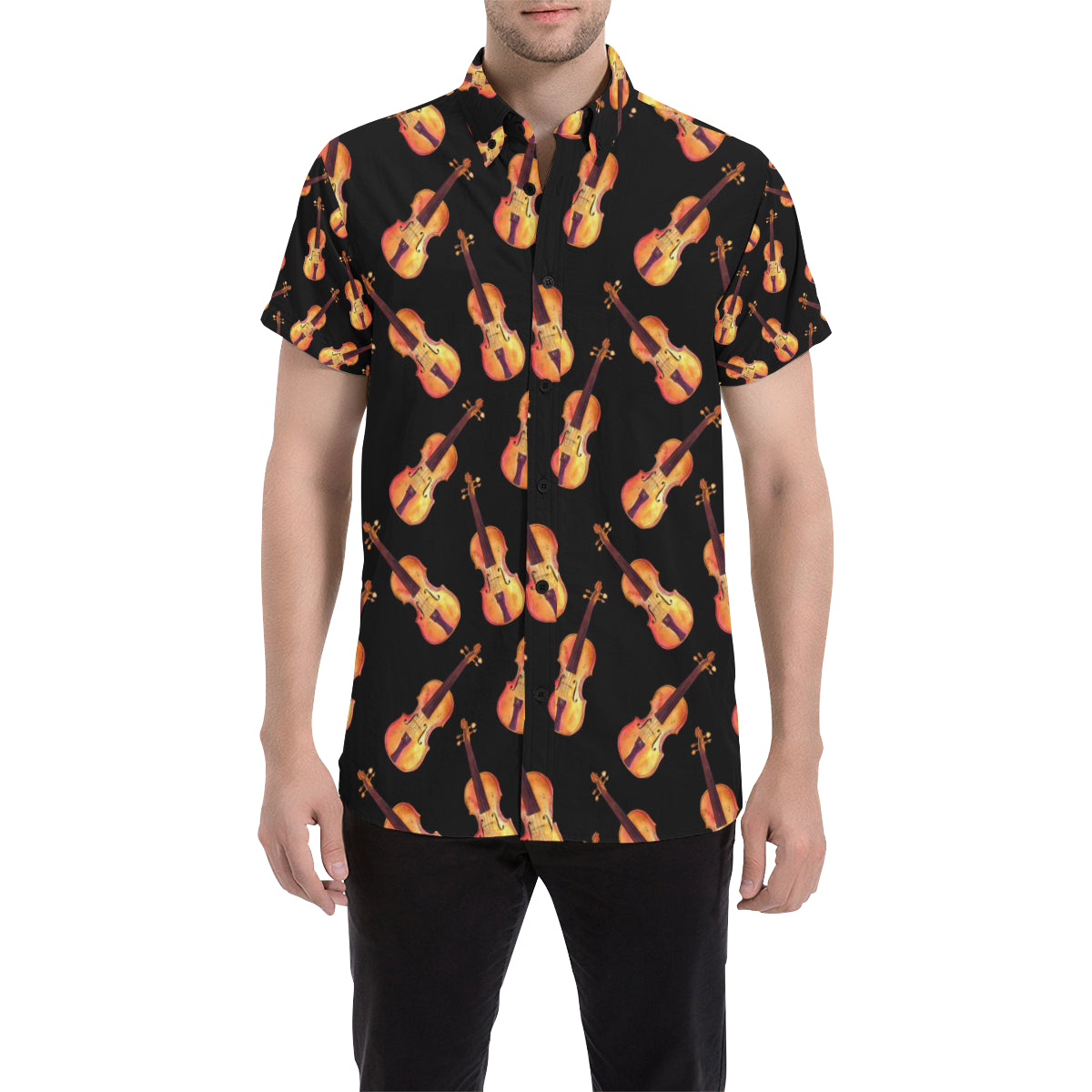 Violin Pattern Print Design 04 Men's Short Sleeve Button Up Shirt