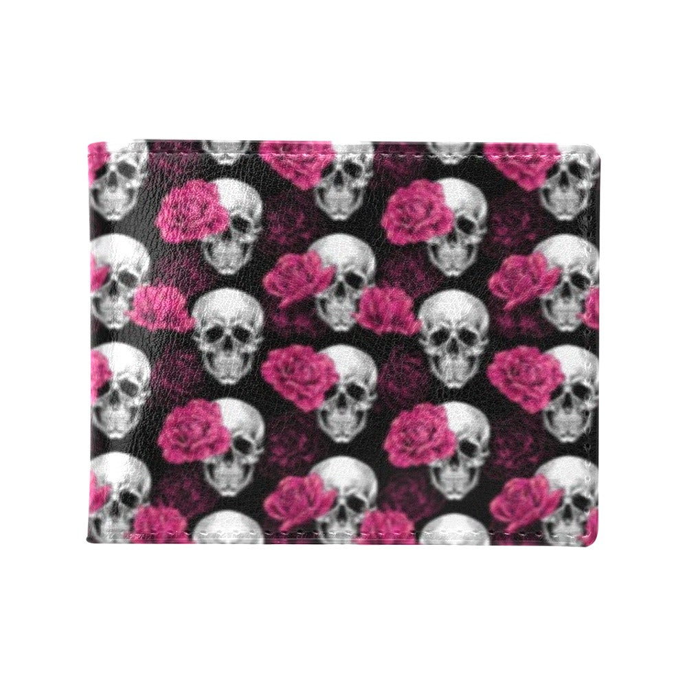 Pink Rose Skull Themed Print Men's ID Card Wallet