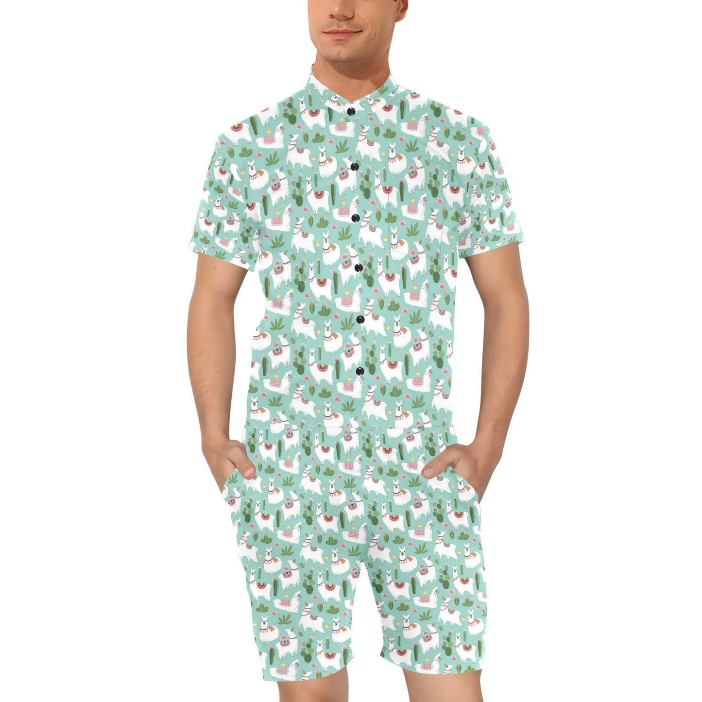 Llama with Cactus Themed Print Men's Romper