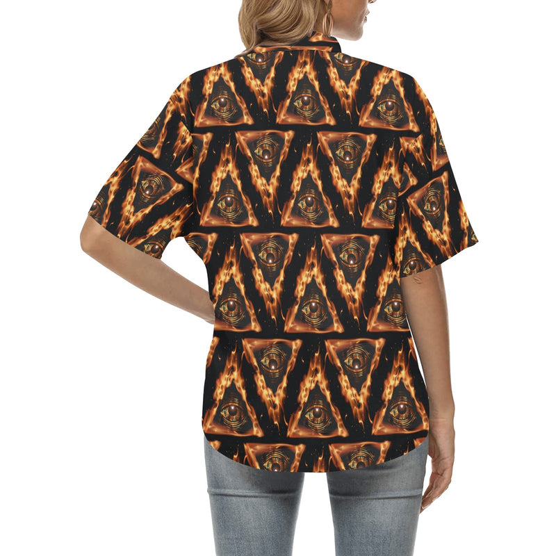 Eye of Horus in Flame Print Women's Hawaiian Shirt