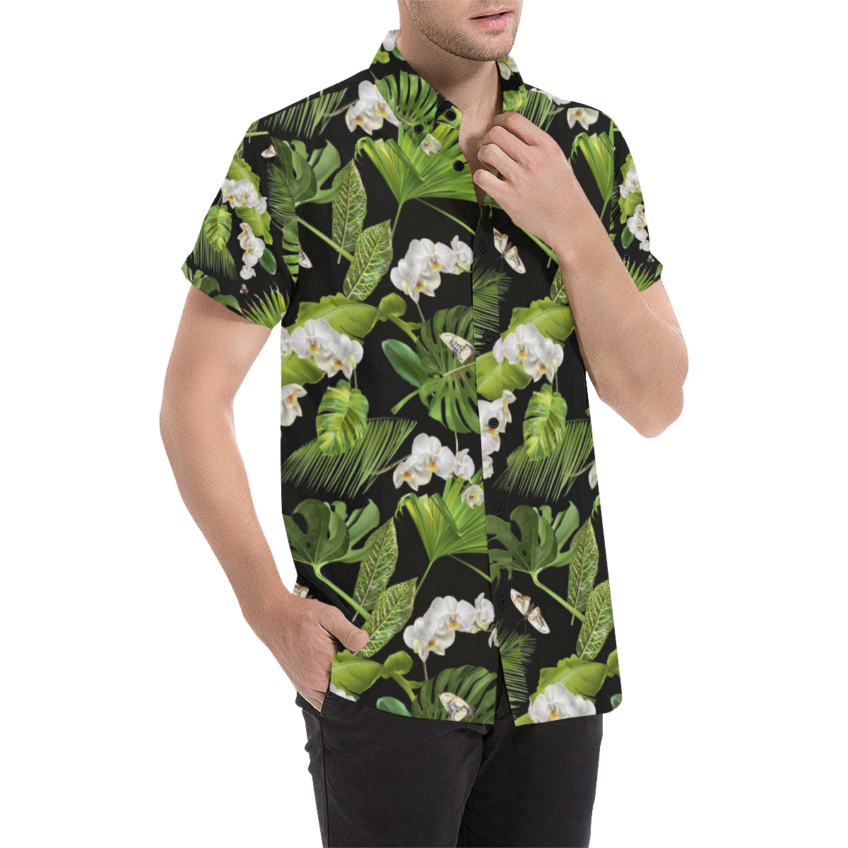 Tropical Flower Pattern Print Design TF026 Men's Short Sleeve Button Up Shirt
