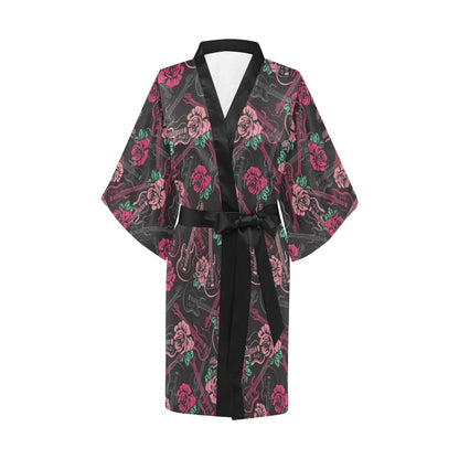 Bass Guitar Pink Rose Pattern Print Design 01 Women's Short Kimono