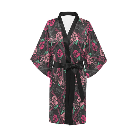 Bass Guitar Pink Rose Pattern Print Design 01 Women's Short Kimono