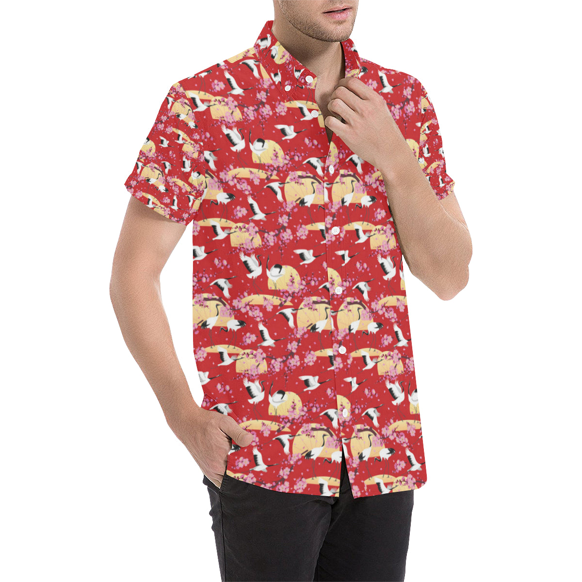 Crane Pattern Print Design 04 Men's Short Sleeve Button Up Shirt