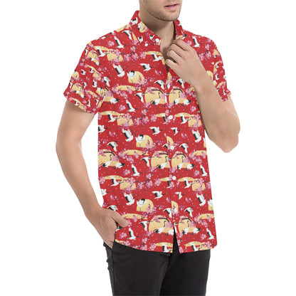 Crane Pattern Print Design 04 Men's Short Sleeve Button Up Shirt